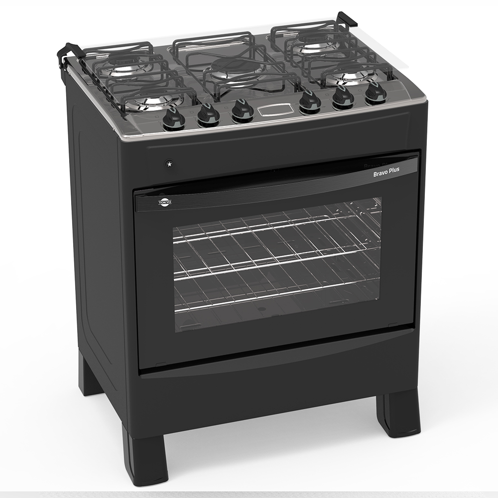 COCINA A GAS TOKYO BRAVO PLUS 5H C/ENC. NEGRA MESA INOX COMANDO SUPERIOR